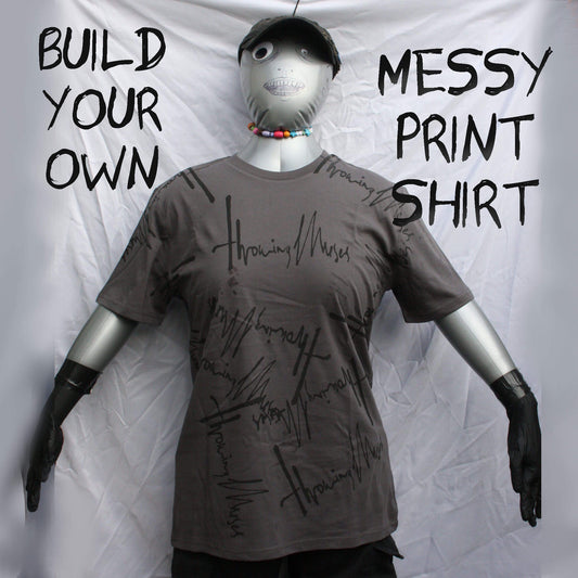 Mannequin wearing a grey t-shirt with Throwing Muses 1986 logo messy print design against a white background with text.