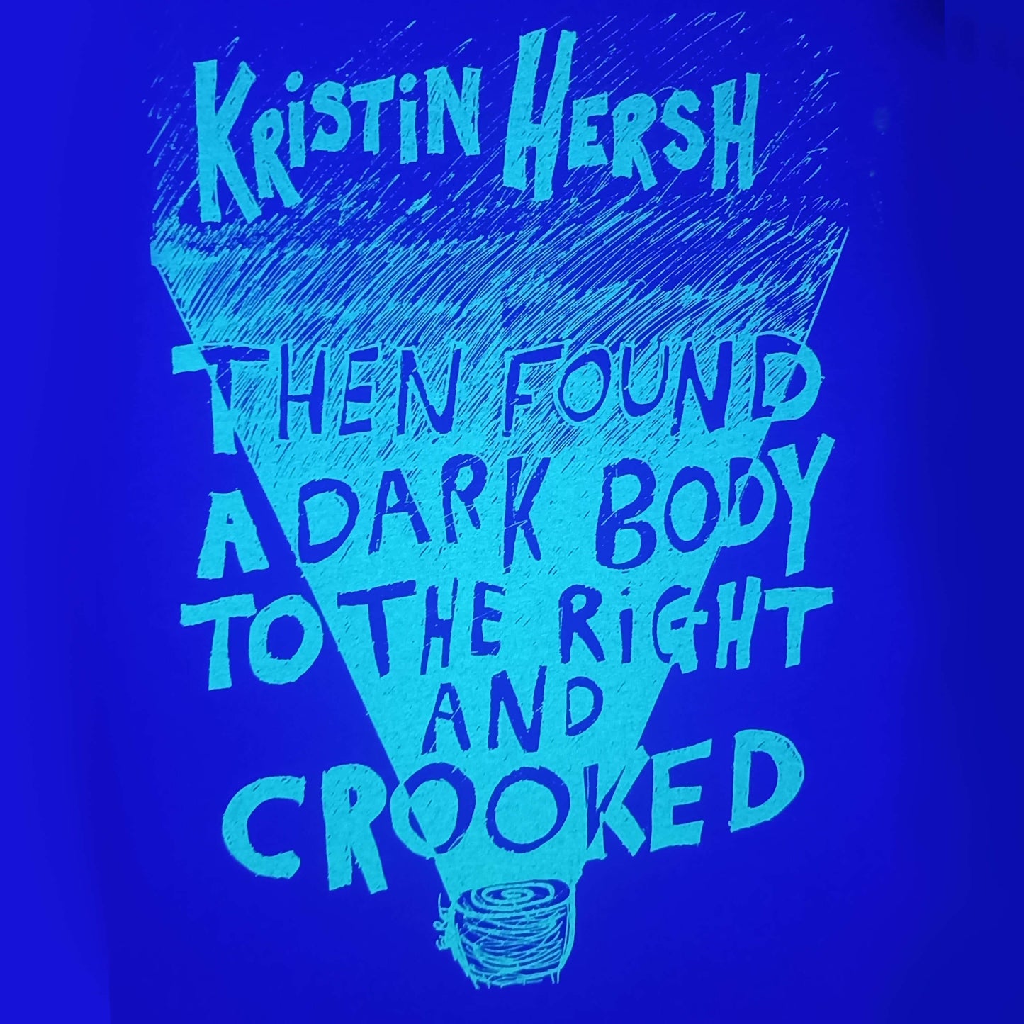 Kristin Hersh Crooked T-shirt, front purple fluorescent yellow, by ElRat Designs under UV light