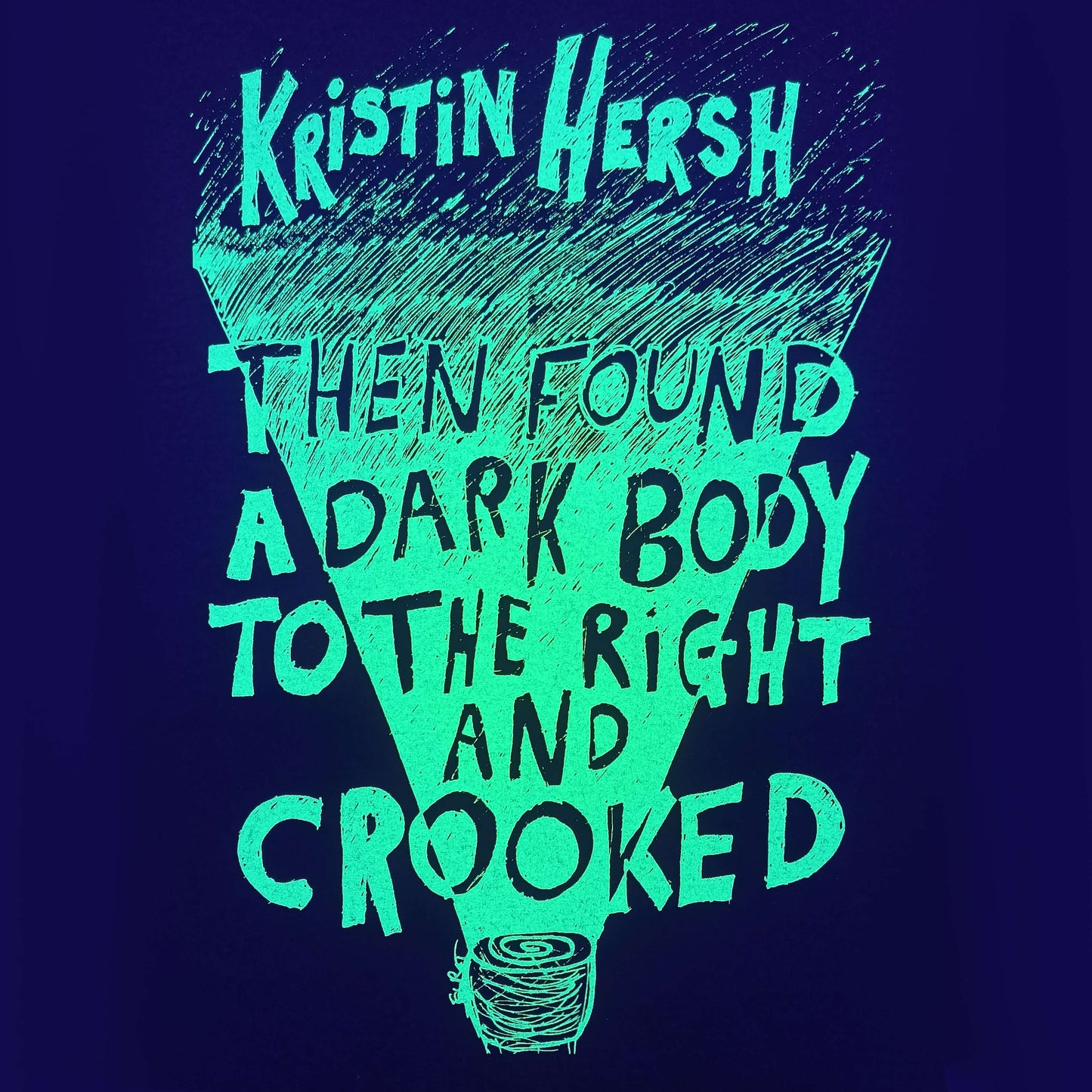 Kristin Hersh Crooked T-shirt, front purple fluorescent yellow, by ElRat Designs under UV light