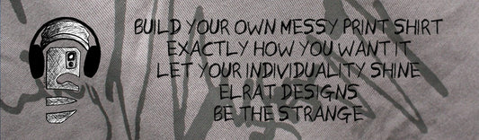 Text on a textured background with a graphic of headphones and a phone, promoting customizable messy print shirts.