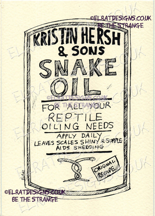 Hand drawn by ElRat, Kristin Hersh & Sons, Snake Oil Original Art Print. "For all your reptile oiling needs" Only from ElRat Designs - hero - elratdesigns.co.uk