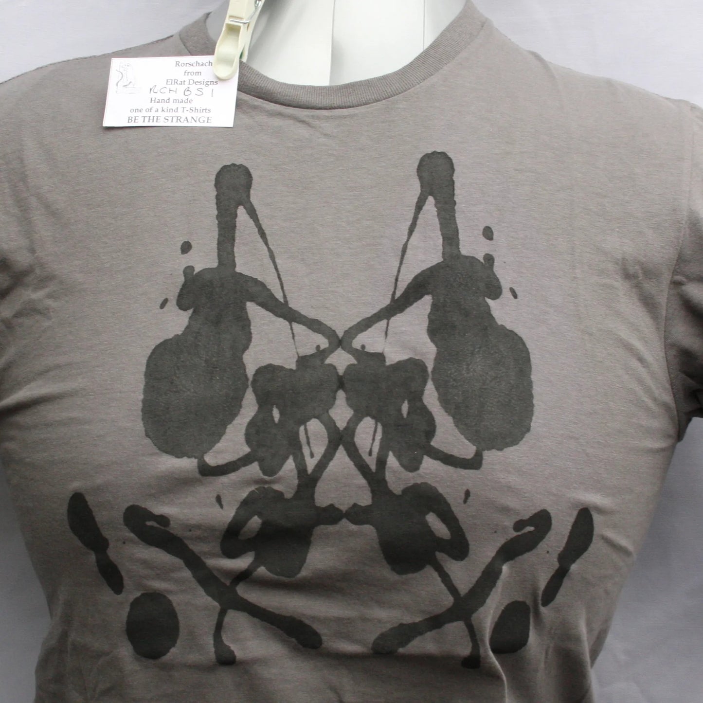 Rorschach, Charcoal cotton T-Shirt with Black ink blot  - Small #1 (RCH B S1)