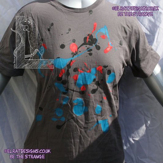 Splatter Print Art Shirt - One of a Kind Hand Printed, Colour Anthracite, Size L, SP-SS-An-L2 | ElRat Designs - elratdesigns.co.uk
