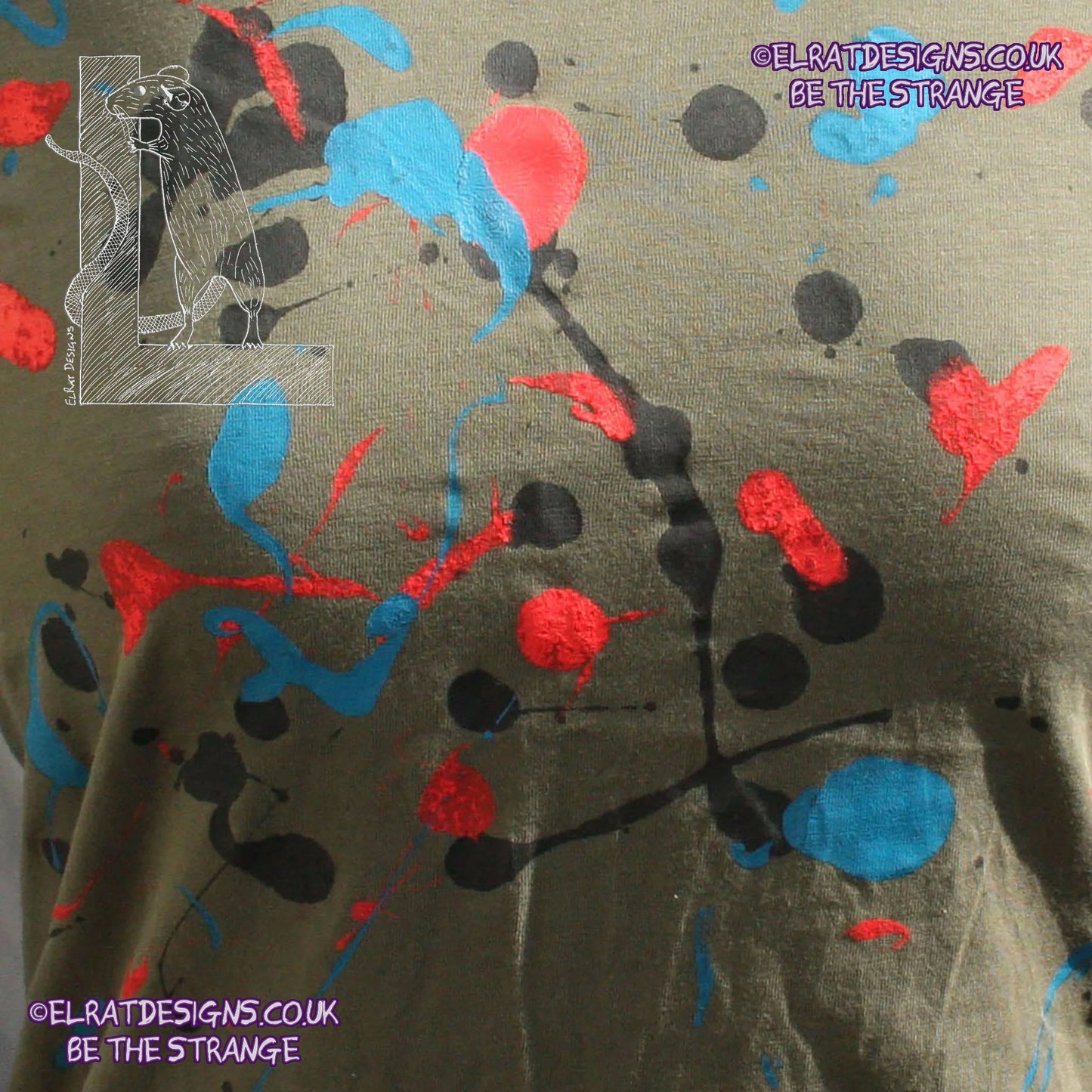 Splatter Print Art Shirt - One of a Kind Hand Printed Khaki Size XS SP.SS.Kh.XS1 | ElRat Designs