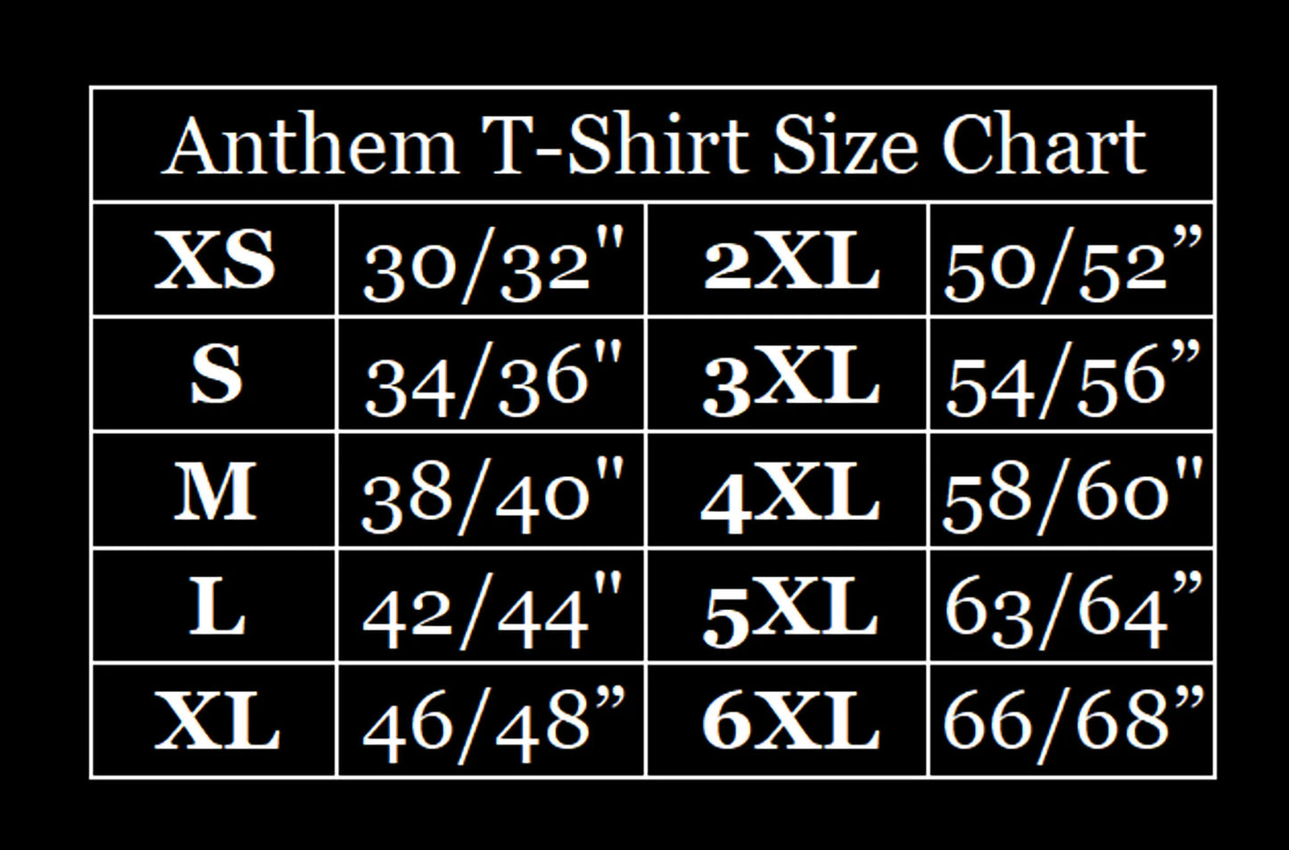 Anthem T-Shirt Size Chart with measurements in inches ElRat Designs