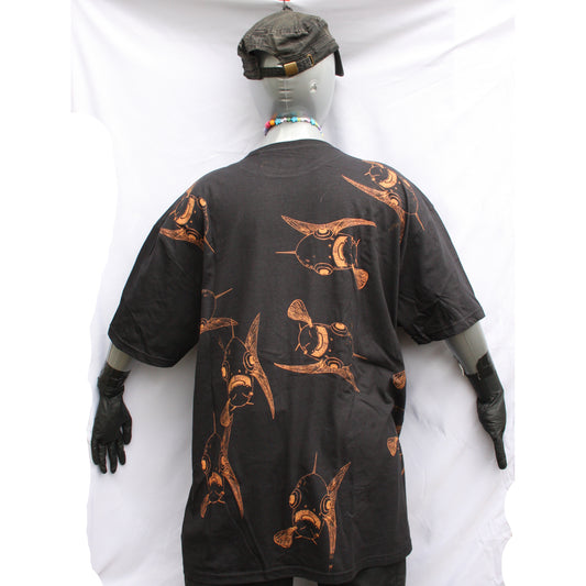 Throwing Muses 'Bywater' T-Shirt - black with orange messy print, unique 'Schooling Edition,' handmade by ElRat Designs (bywater_schooling_back).