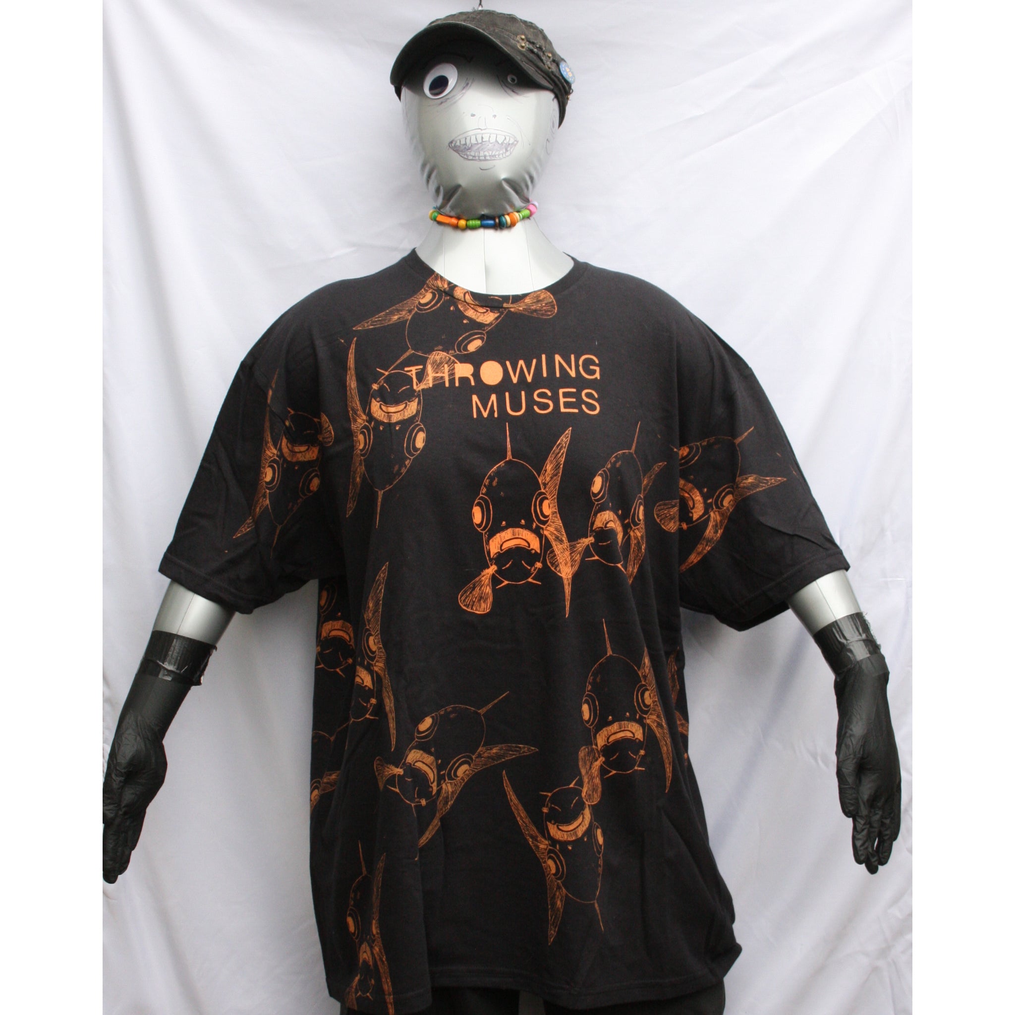 Throwing Muses 'Bywater' T-Shirt - black with orange messy print, unique 'Schooling Edition,' handmade by ElRat Designs (bywater
_schooling_front).
