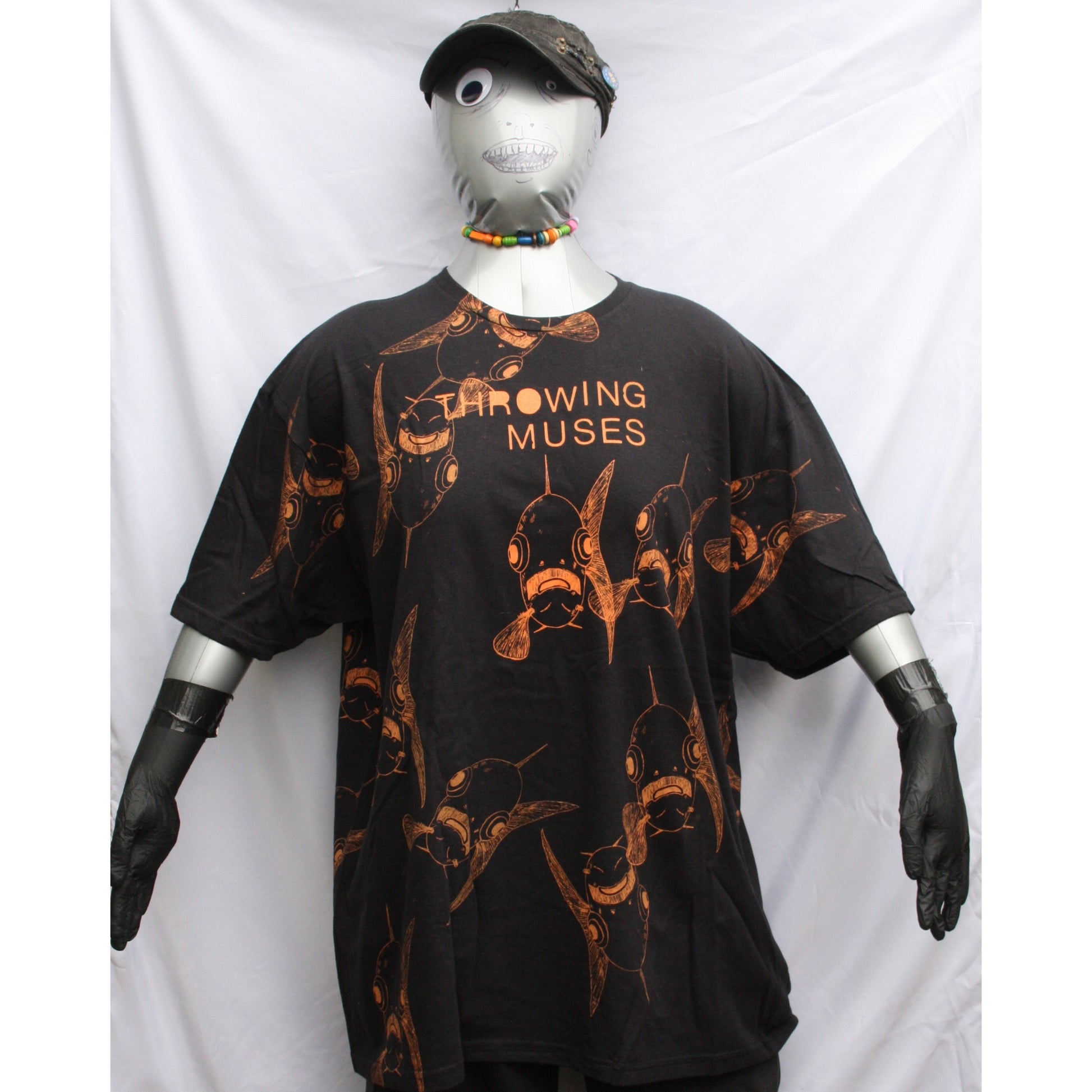Throwing Muses 'Bywater' T-Shirt - black with orange messy print, unique 'Schooling Edition,' handmade by ElRat Designs (bywater
_schooling_front).