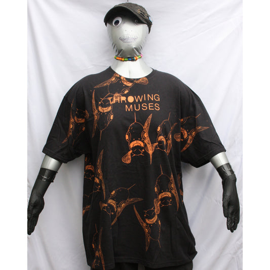 Throwing Muses 'Bywater' T-Shirt - black with orange messy print, unique 'Schooling Edition,' handmade by ElRat Designs (bywater
_schooling_front).