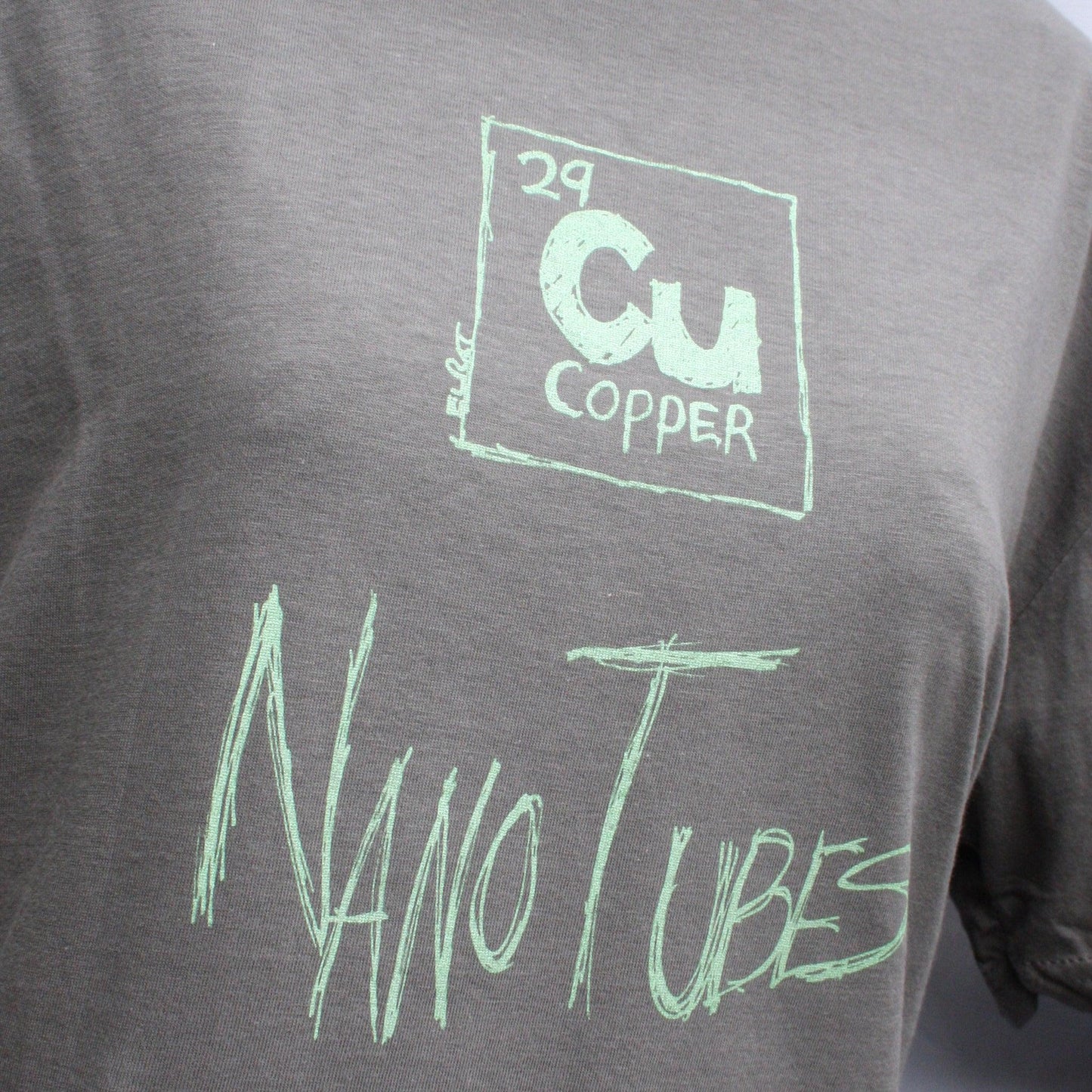 Copper Nanotubes CuNTs scientific humor screen printed t-shirt, featuring pearlescent Apple Mint Green ink.