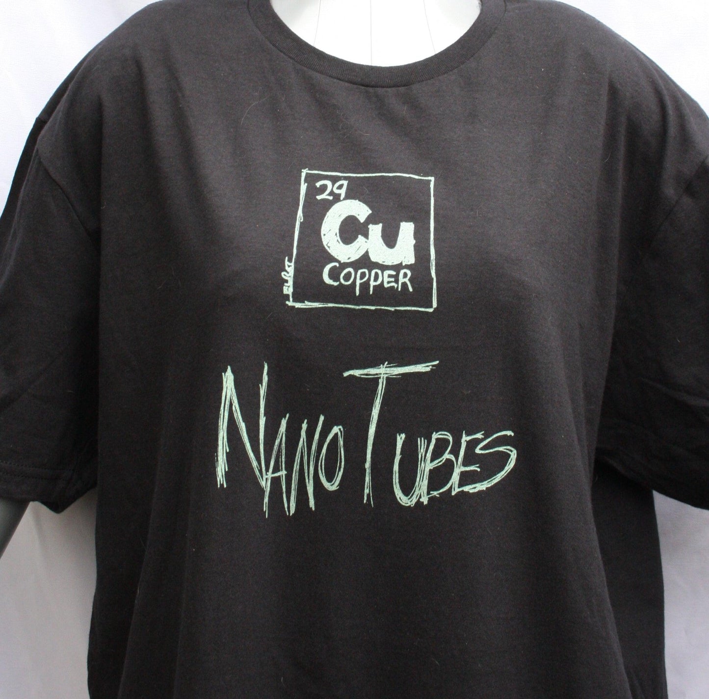 Copper Nanotubes CuNTs scientific humor screen printed t-shirt, featuring pearlescent Apple Mint Green ink.