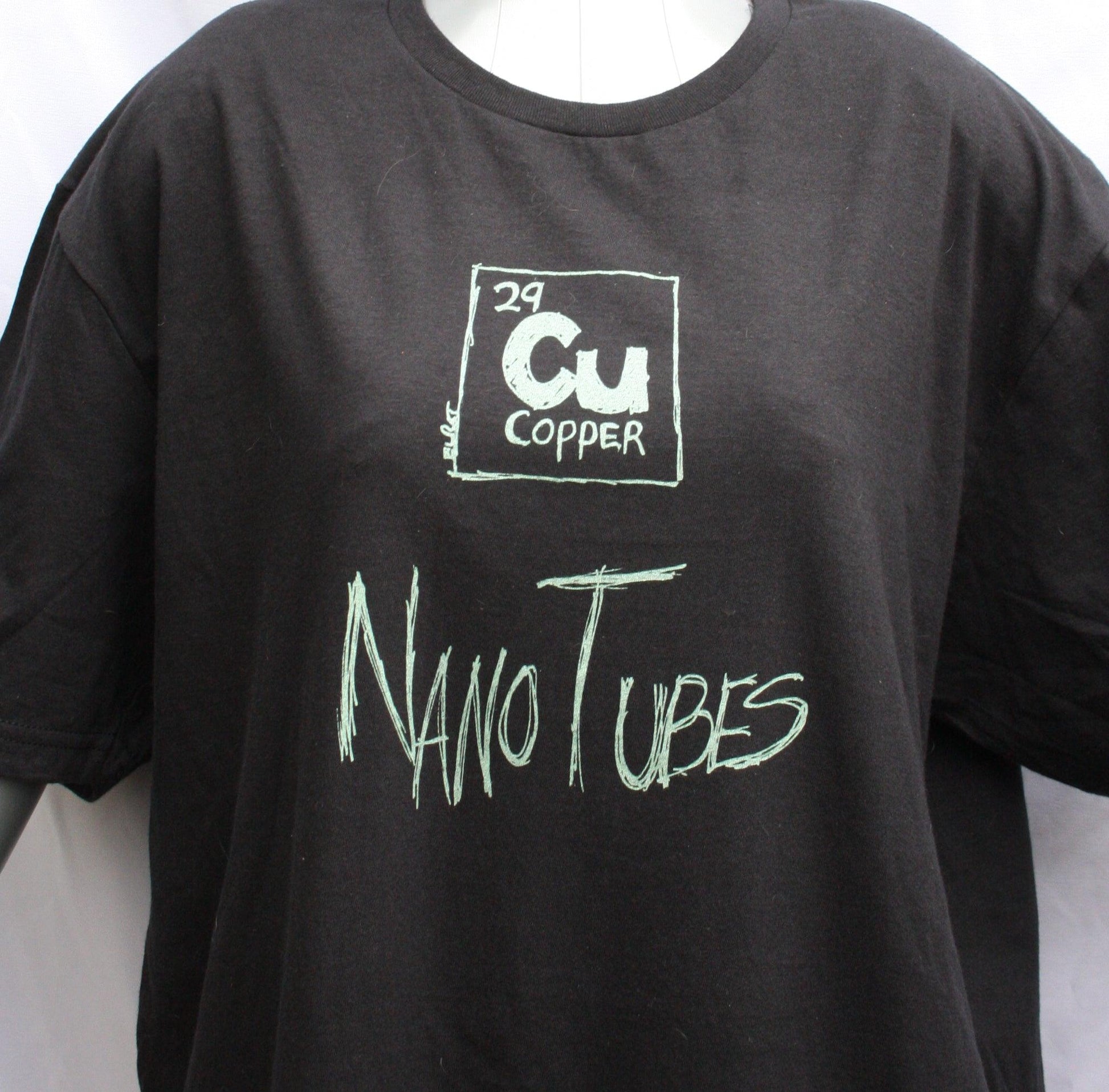 Copper Nanotubes CuNTs scientific humor screen printed t-shirt, featuring pearlescent Apple Mint Green ink.