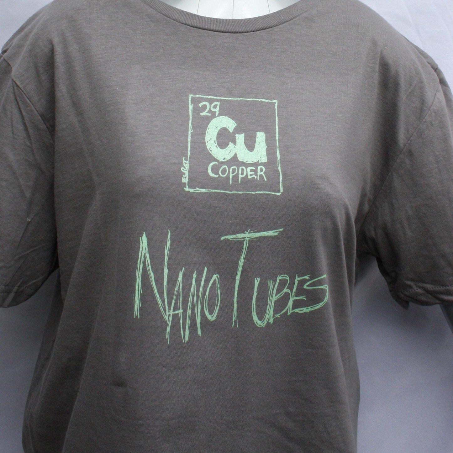 Copper Nanotubes CuNTs scientific humor screen printed t-shirt, featuring pearlescent Apple Mint Green ink.