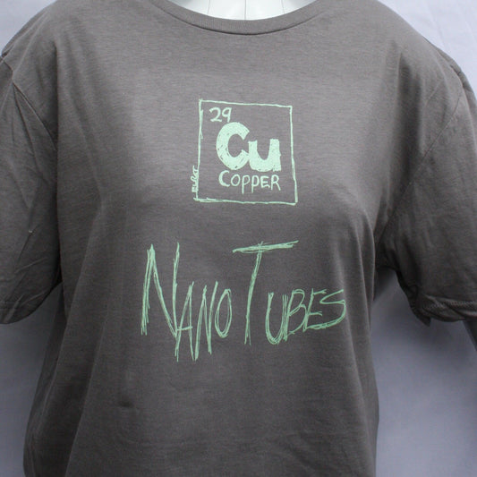 Copper Nanotubes CuNTs scientific humor screen printed t-shirt, featuring pearlescent Apple Mint Green ink.