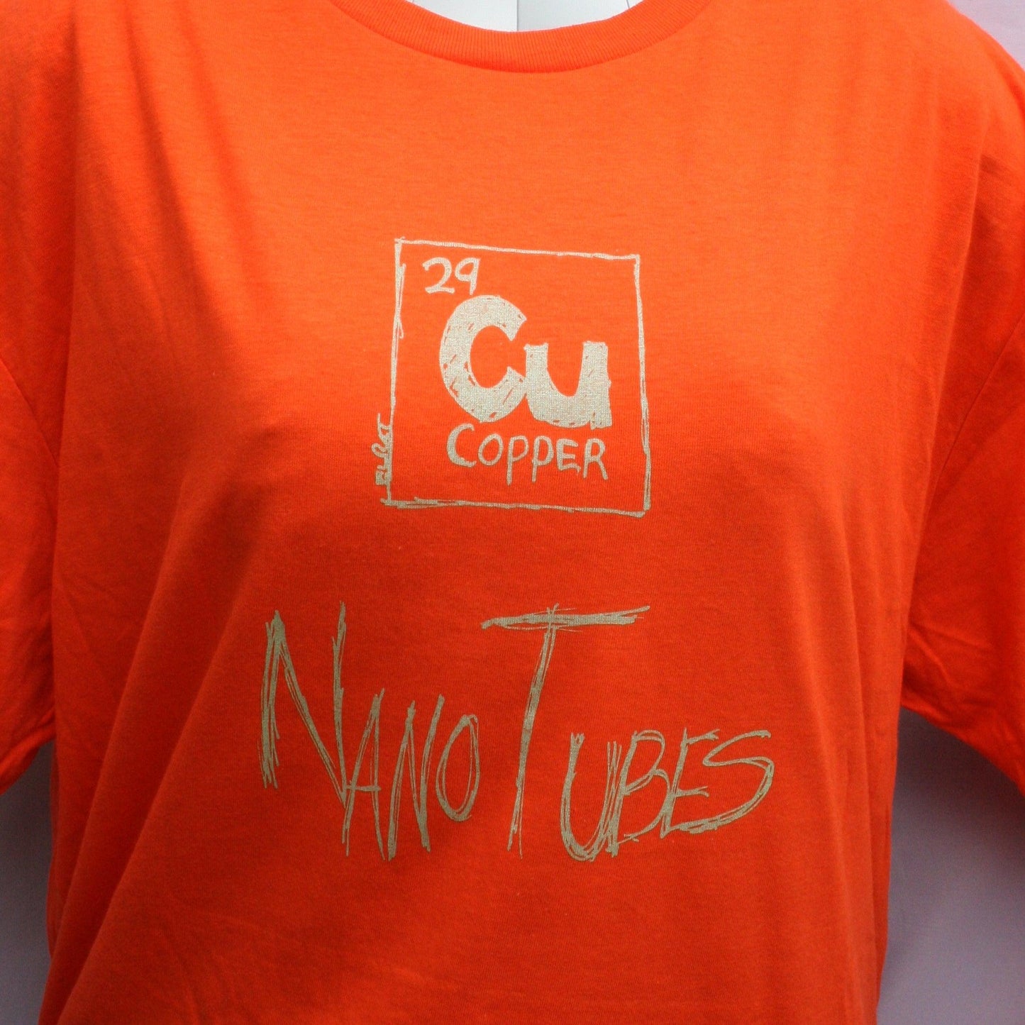 Copper Nanotubes CuNTs scientific humor screen printed t-shirt, featuring pearlescent Apple Mint Green ink.