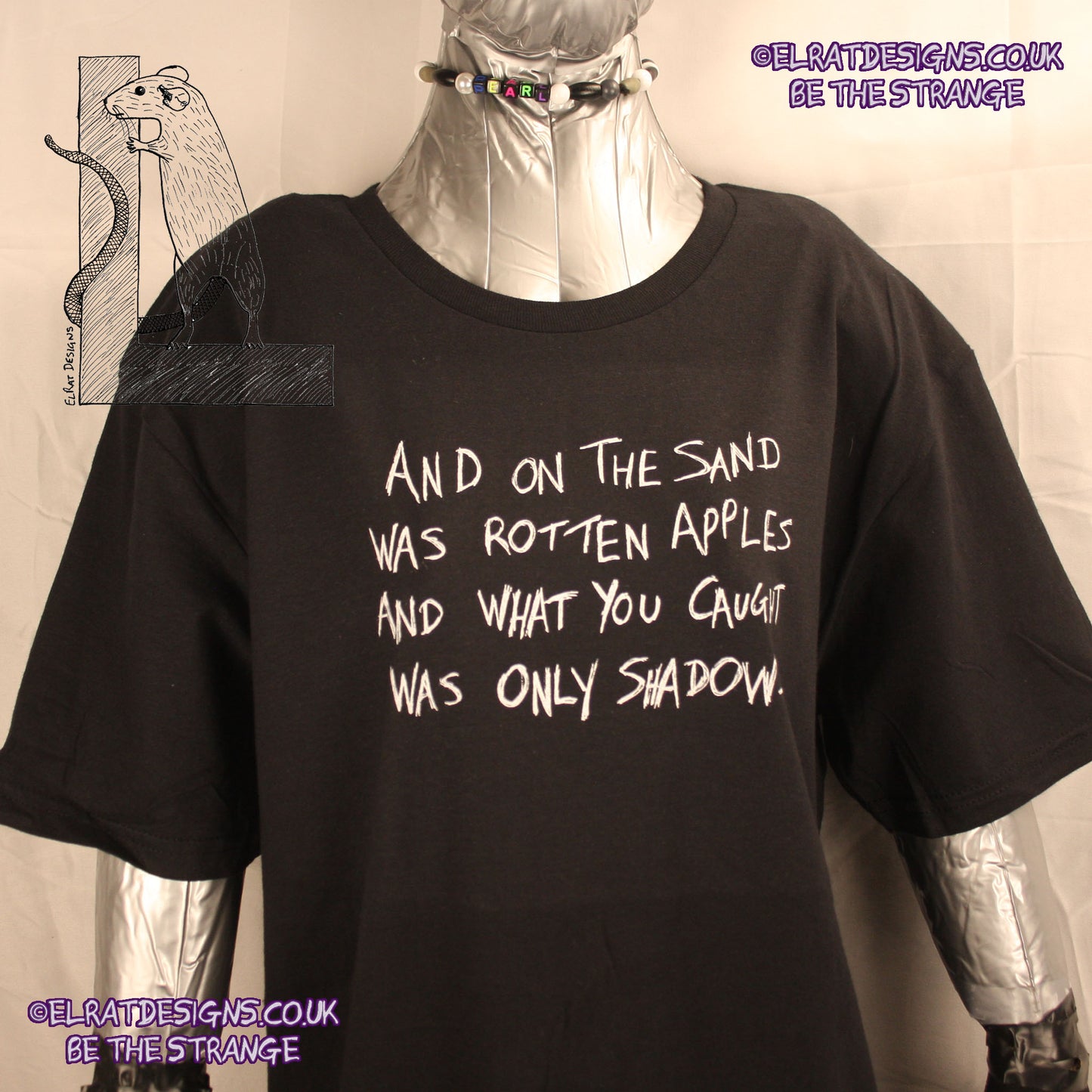 50 Foot Wave "Bath White" scrawled lyric T-Shirt from ElRat Designs, "and on the sand was rotten apples, and what you caught was only shadows" - hero - elratdesigns.co.uk