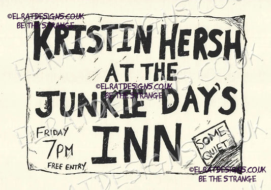 Hand drawn by ElRat, Kristin Hersh Palmetto "Live at the Junkie Day's Inn" Oldschool Music Flyer Original Art Print. Only from ElRat Designs - hero - elratdesigns.co.uk