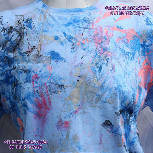 Messy Artist shirt, One of a kind, art shirt, Caroline Blue shirt, size Large, multicoloured ink all over inc fluorescent ink. MA-CB-L1 | ElRat Designs - gallery-skip