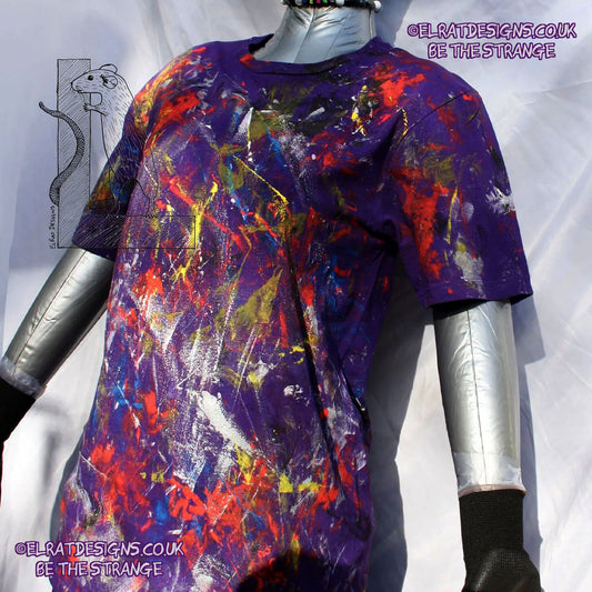 Messy Artist shirt, One of a kind, art shirt, Purple shirt, size Small, multicoloured ink all over. MA-Pu-S1 | ElRat Designs - gallery-skip