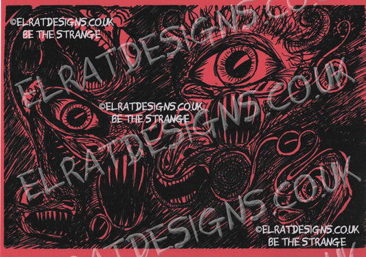 Hand drawn by ElRat, Screeching Eyeballs Original Art Print. eyes and mouths, Aphantasia artist. Only from ElRat Designs - elratdesigns.co.uk
