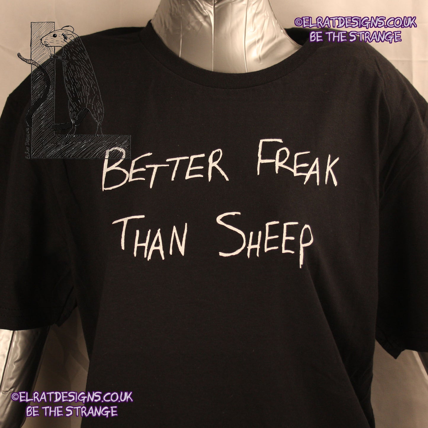 Better Freak Than Sheep, hand scrawled T-Shirt, Black with White close ink ElRat Designs - hero - ElRatDesigns.co.uk