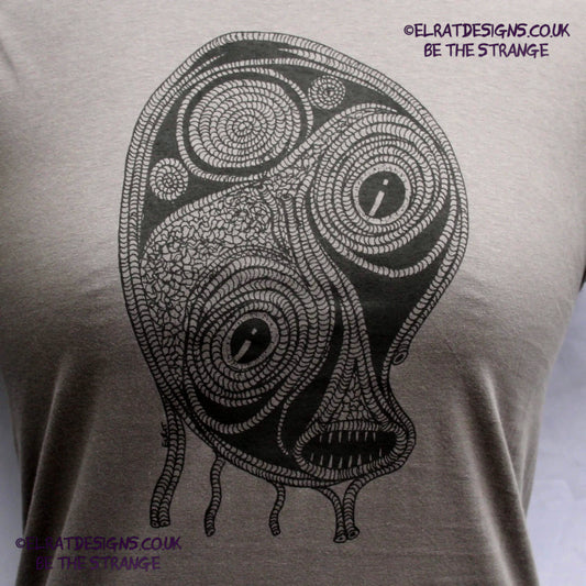 ElRat Designs Leonard the spiral alien, or sea monster design on a screen-printed t-shirt, Aphantasia drawing - elratdesigns.co.uk