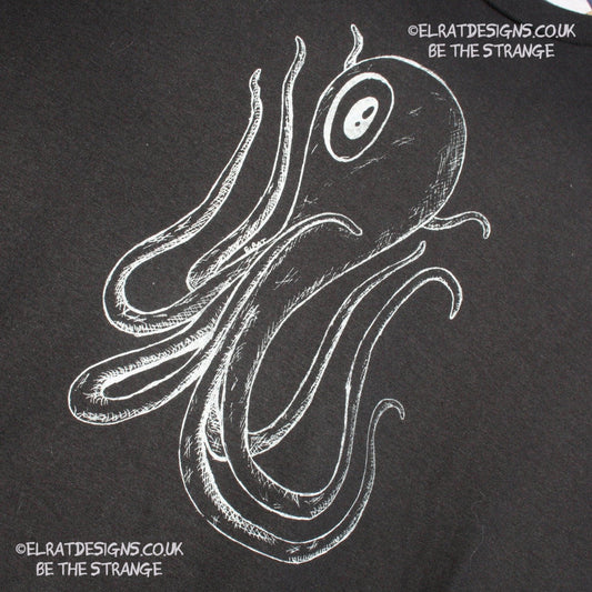 ElRat Designs hand-drawn Octoclops design, B-Movie inspiredl! hand puled screen print with eco friendly water based ink. elratdesigns.co.uk