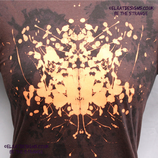 Rorschach, Black cotton Revers Tie Dyed T-Shirt with Fluorescent Orange ink blot - Small #1 (RB RTD FlO S1) - ElRat Designs - elratdesigns.co.uk