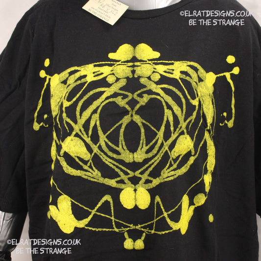 Rorschach, Black cotton T-Shirt with Yellow ink blot with patchy ink- XLarge #2 (RB Y XL2) - ElRat Designs - elratdesigns.co.uk