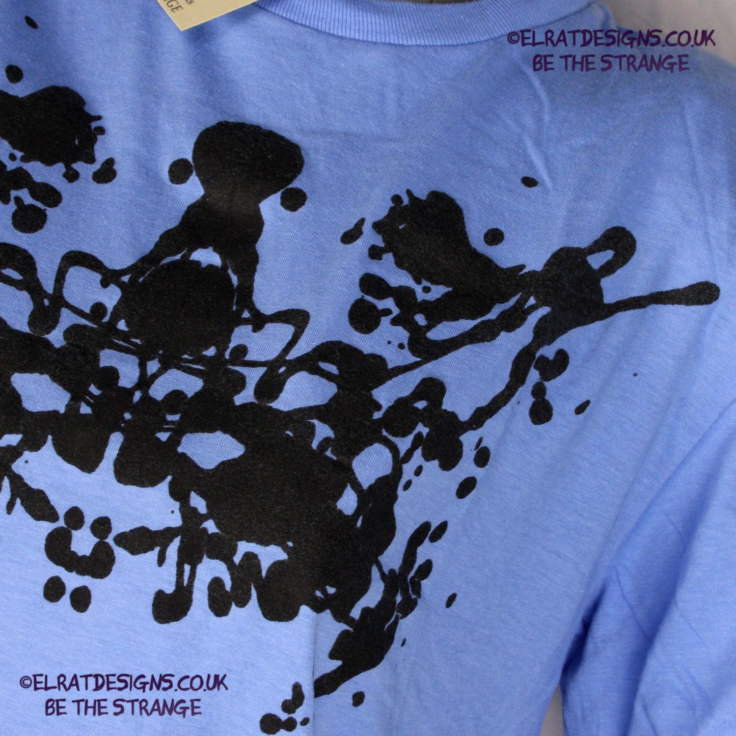 Rorschach, Carolina Blue cotton T-Shirt with Black ink blot - Small #1 (RCaB B S1) - ElRat Designs - elratdesigns.co.uk