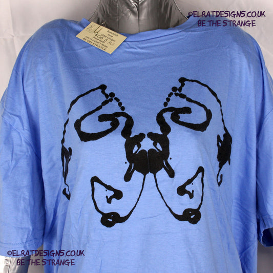 Rorschach, Carolina Blue cotton T-Shirt with Black ink blot - Extra Large #1 (RCaB B XL1) - ElRat Designs - elratdesigns.co.uk