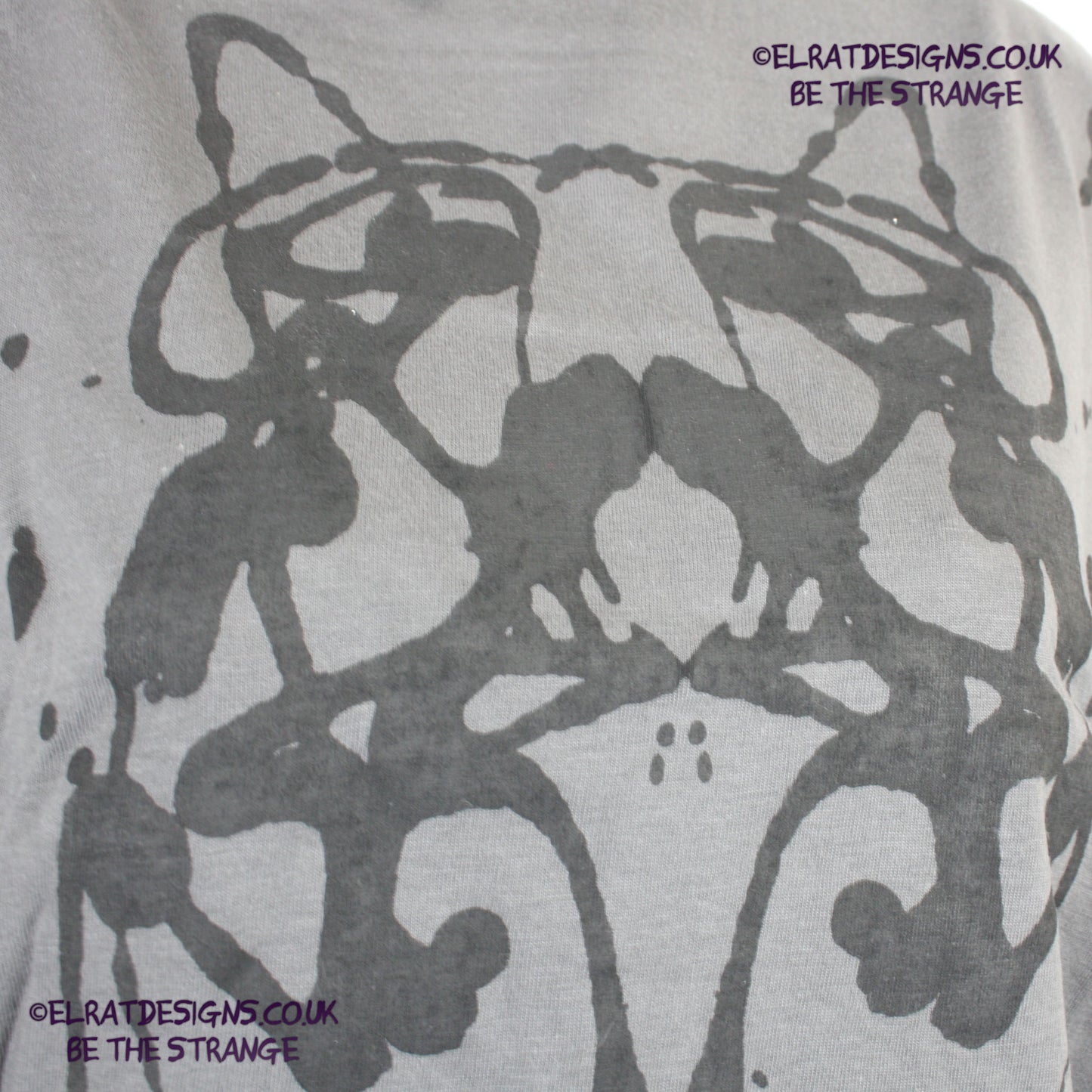 Rorschach, Charcoal cotton T-Shirt with Black ink blot - Large #3 (RCH B L3) - ElRat Designs - elratdesigns.co.uk