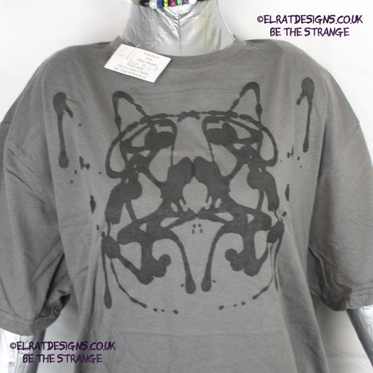 Rorschach, Charcoal cotton T-Shirt with Black ink blot - Large #3 (RCH B L3) - ElRat Designs - elratdesigns.co.uk