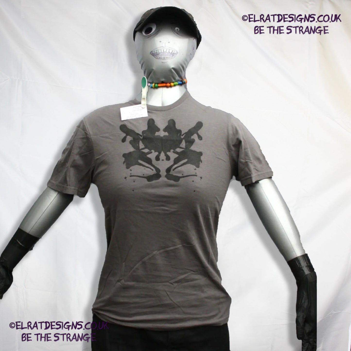 Rorschach, Charcoal cotton T-Shirt with Black ink blot - Small #2 (RCh B S2) - ElRat Designs - elratdesigns.co.uk