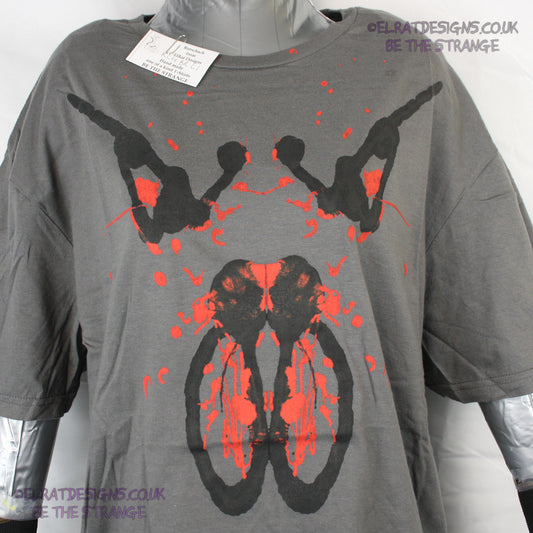 Rorschach, Charcoal cotton T-Shirt with Black & Red ink blot - Large #1 (RCH BR L1) - ElRat Designs - elratdesigns.co.uk