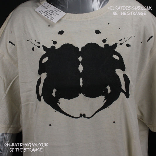 Rorschach, Natural cotton T-Shirt with Black ink blot - Large #1 (RN B L1) - ElRat Designs - elratdesigns.co.uk
