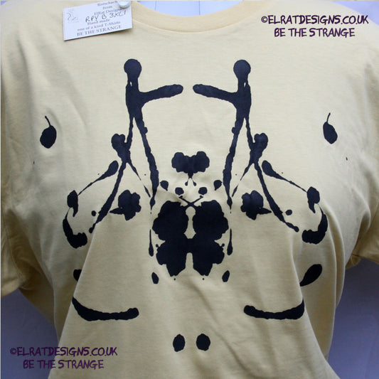Rorschach, Pale Yellow cotton T-Shirt with Black ink blot - 3XLarge #1 (RPY B 3XL1) - ElRat Designs - elratdesigns.co.uk
