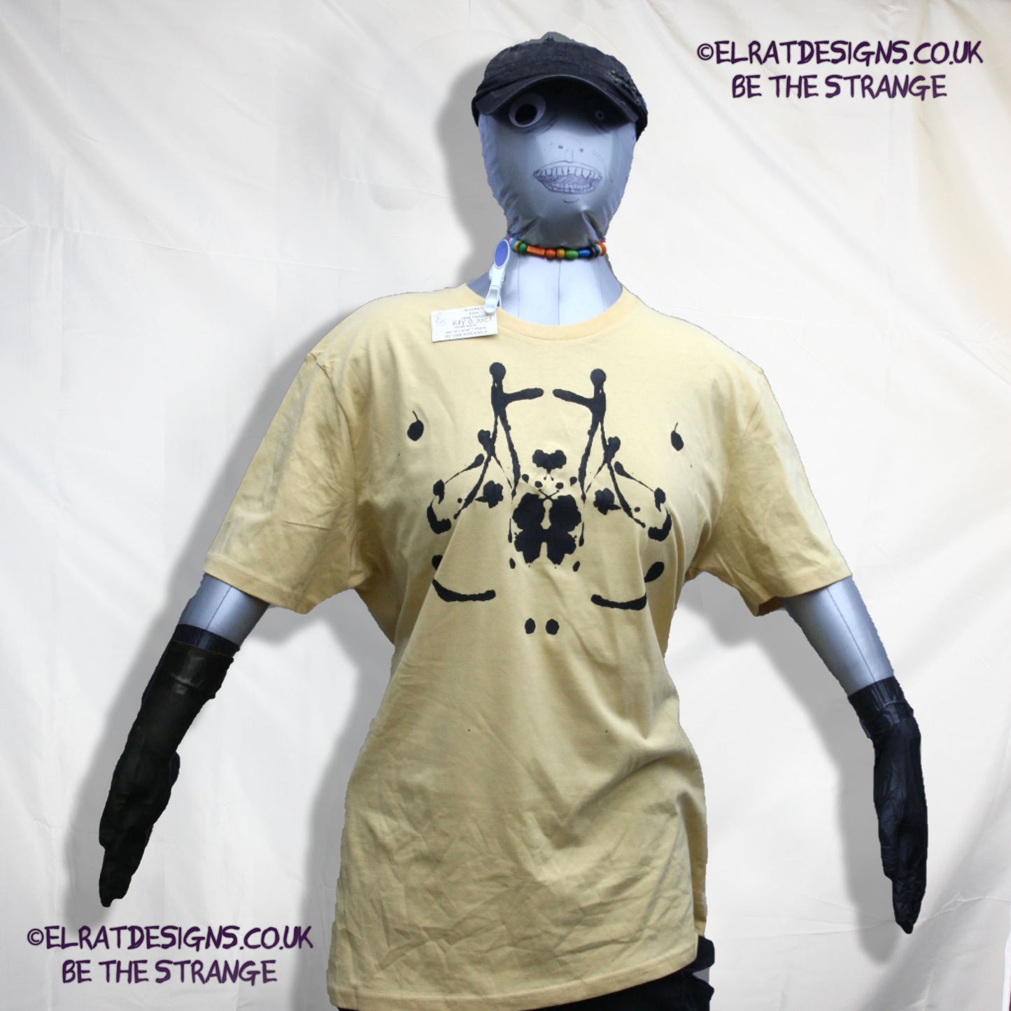Rorschach, Pale Yellow cotton T-Shirt with Black ink blot - 3XLarge #1 (RPY B 3XL1) - ElRat Designs - elratdesigns.co.uk