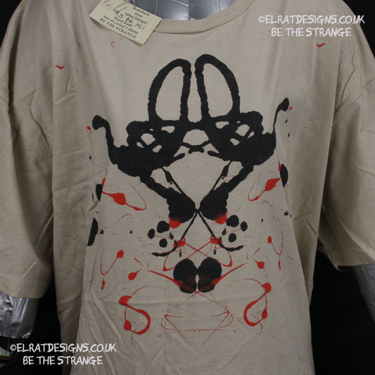 Rorschach, Sand cotton T-Shirt with Black and Red ink blot - XLarge #1 (RS BR XL1) - ElRat Designs - elratdesigns.co.uk