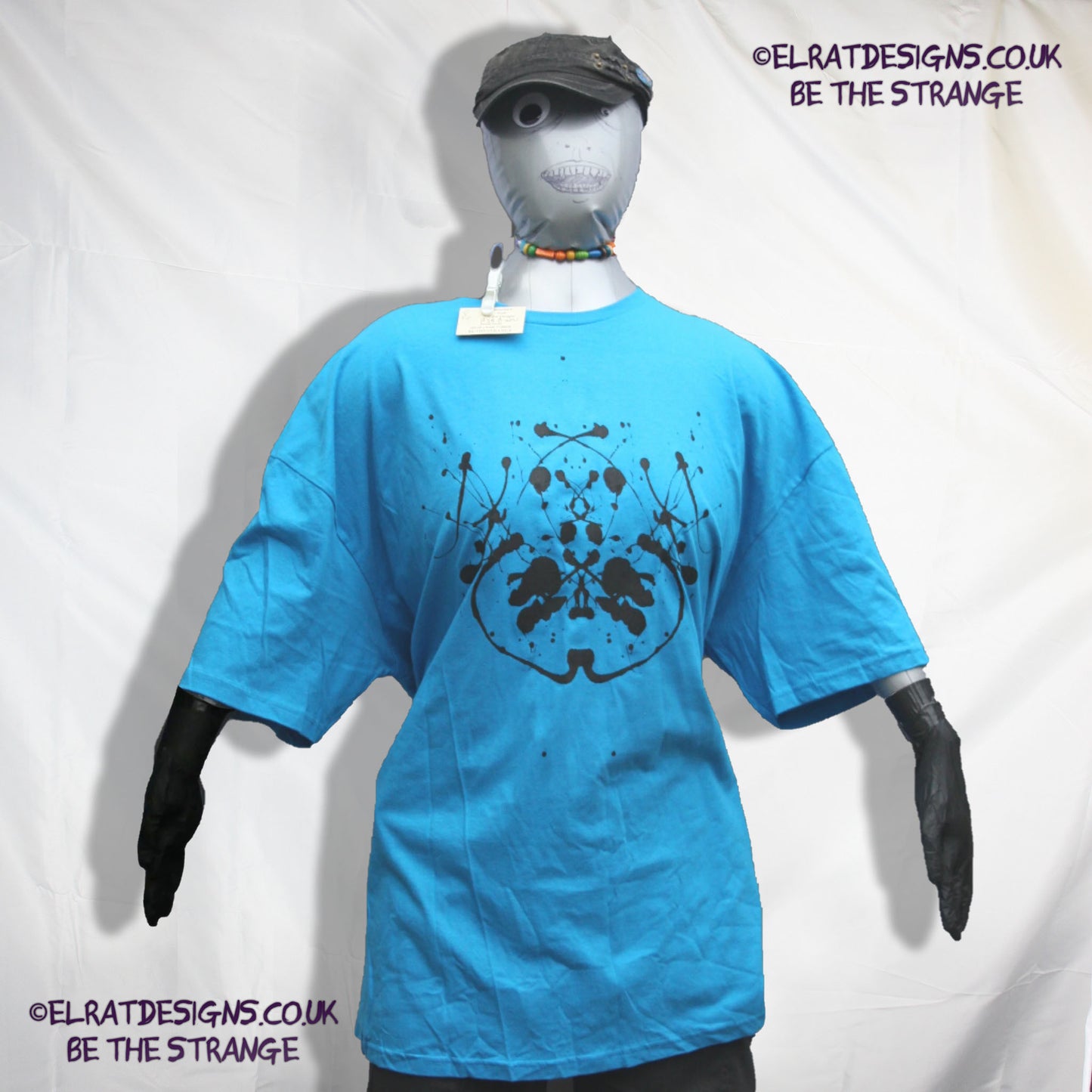 Rorschach, Sapphire cotton T-Shirt with Black ink blot - 4XLarge #1 (RSB B 4XL1) - ElRat Designs - elratdesigns.co.uk