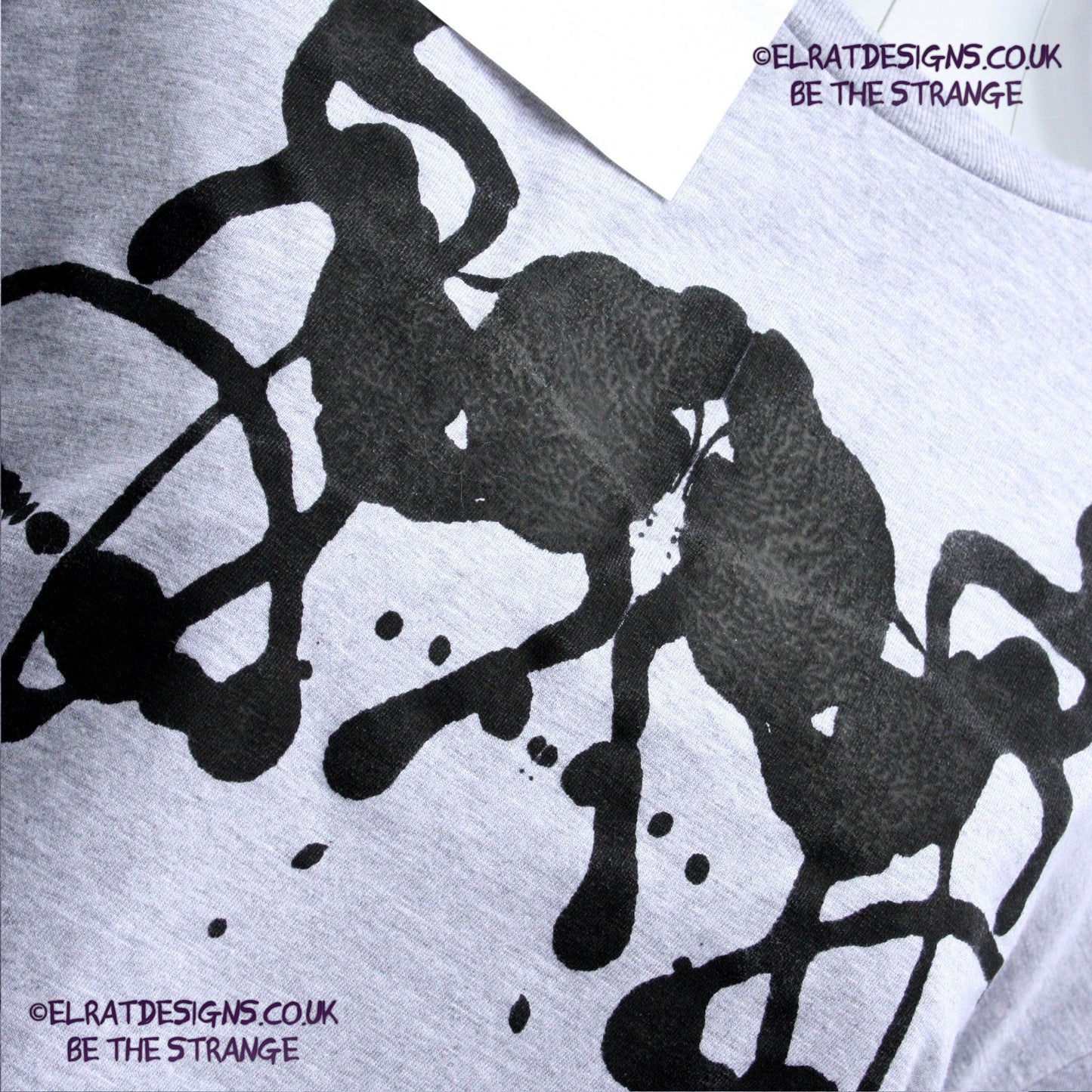 Rorschach, Sports Grey 90% cotton 10% poly T-Shirt with Black ink blot - Large #1 (RSG B L1) - ElRat Designs - elratdesigns.co.uk