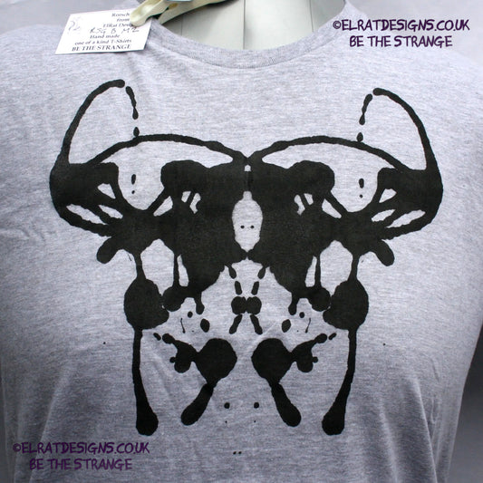 Rorschach, Sports Grey 90% cotton 10% poly T-Shirt with Black ink blot - Medium #2 (RSG B M2) - ElRat Designs - elratdesigns.co.uk