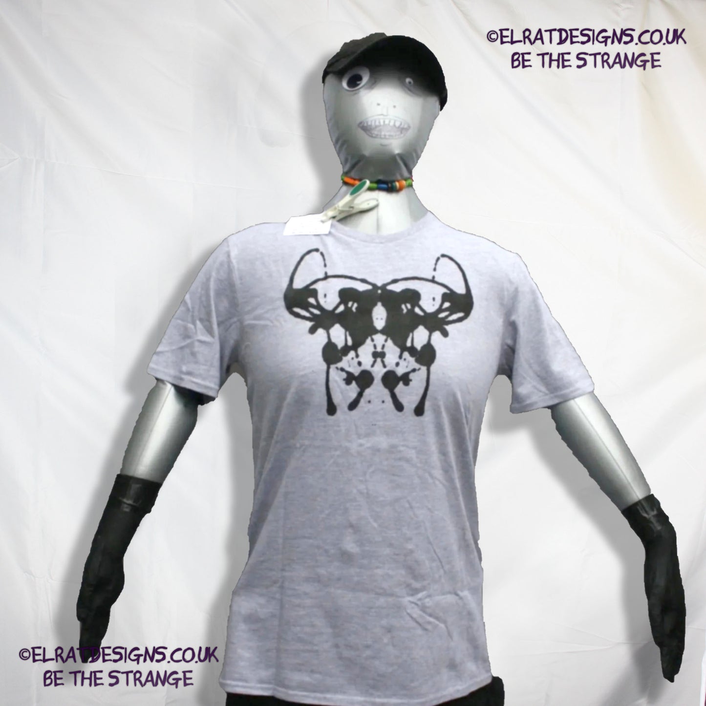 Rorschach, Sports Grey 90% cotton 10% poly T-Shirt with Black ink blot - Medium #2 (RSG B M2) - ElRat Designs - elratdesigns.co.uk