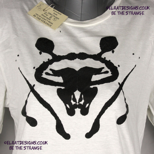 Rorschach, White cotton T-Shirt with Black ink blot - Small #1 (RW B S1) - ElRat Designs - elratdesigns.co.uk