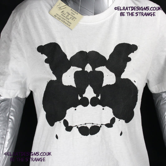 Rorschach, White cotton T-Shirt with Black ink blot - X Small #1 (RW B XS1) - ElRat Designs - elratdesigns.co.uk