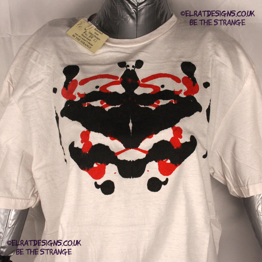 Rorschach, White cotton T-Shirt with Black and Red ink blot - Large #1 (RW BR L1) - ElRat Designs - elratdesigns.co.uk