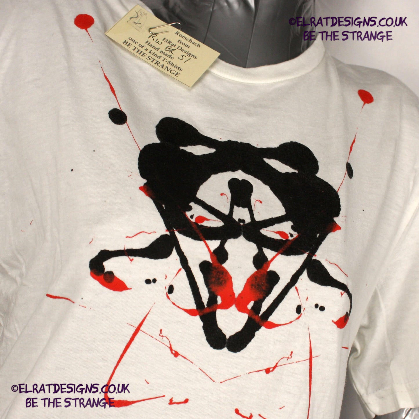 Rorschach, White cotton T-Shirt with Black & Red ink blot - Small #1 (RW BR S1) - ElRat Designs - elratdesigns.co.uk