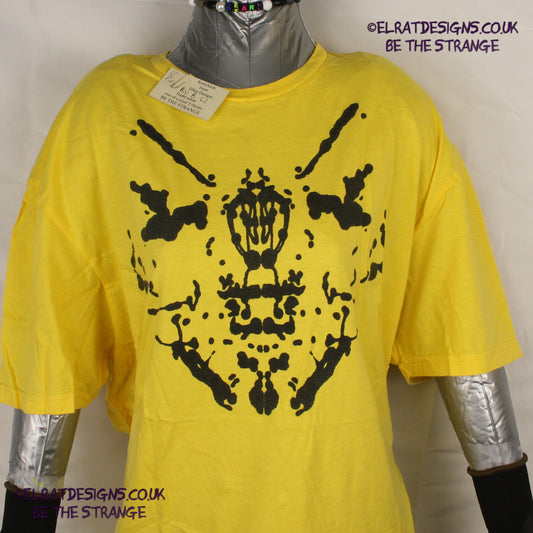 Rorschach, Yellow cotton T-Shirt with Black ink blot - Large #1 (RY B L1) - ElRat Designs - elratdesigns.co.uk