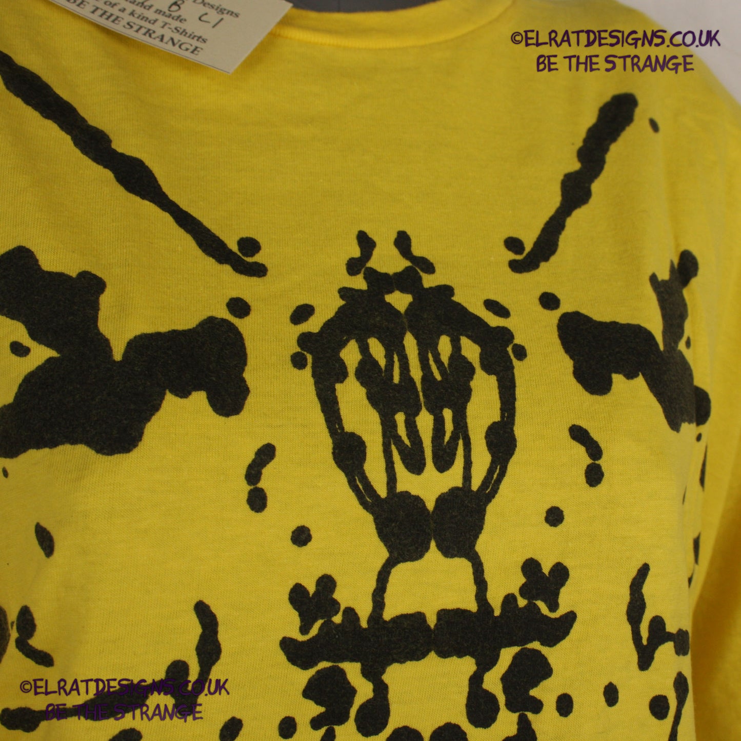 Rorschach, Yellow cotton T-Shirt with Black ink blot - Large #1 (RY B L1) - ElRat Designs - elratdesigns.co.uk