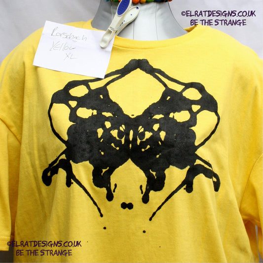 Rorschach, Yellow cotton T-Shirt with Black ink blot - Extra Large #2 (RY B XL2) - ElRat Designs - elratdesigns.co.uk
